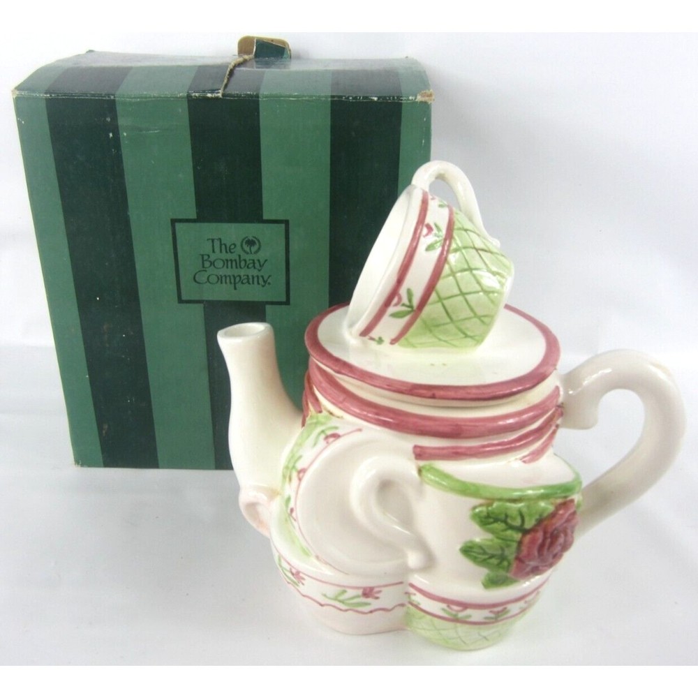 Vintage 1996 The Bombay Company Stacking Teacups Teapot Ceramic w Box Tea Cup